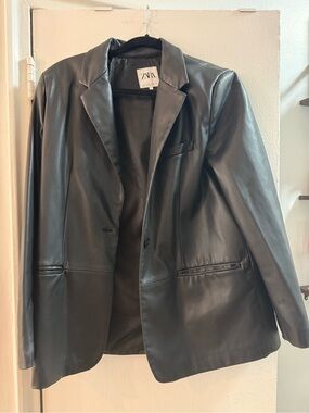 Zara Black Faux Leather Jacket with Pale Pink Nails Detail